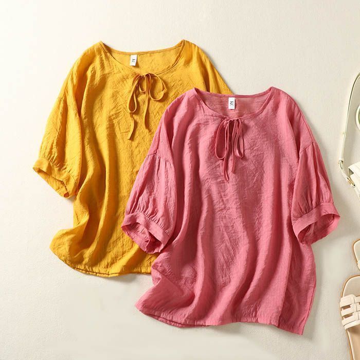 ブラウス 半袖 Tシャツ レディース 綿麻風 カットソー 無地