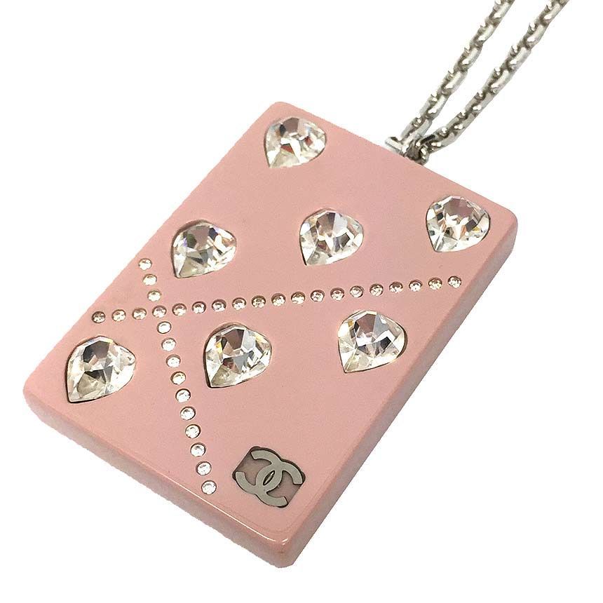 CHANEL シャネル プレート ネックレス ハート ラインストーン ピンク 