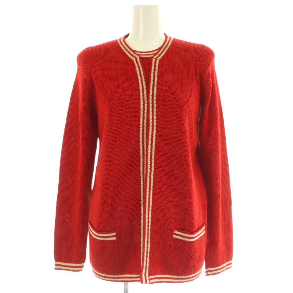 シャネル CHANEL ヴィンテージ ラインデザイン ニット3ピース セットアップ アンサンブル カーディガン セーター ノースリーブ スカート ロング フ シルク混 S M 赤 |NR OS