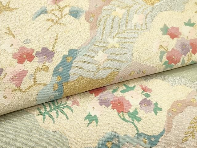 平和屋着物●爪掻き本綴れ　八寸名古屋帯　雲取り流水花鳥文　金銀糸　逸品　DAAW6922ob 平和屋着物○爪掻き本綴れ 八寸名古屋帯 雲取り流水花鳥文 金銀糸 逸品