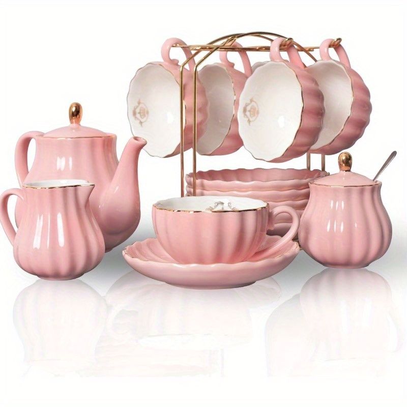 新着商品 陶磁器製ティーセット 6人用8オンスの茶杯とソーサーティーポットシュガーボウルクリーマー小さなスプーンティーストレーナー付きアフタヌーンティー結婚式パーティーに最適 ピンク pms