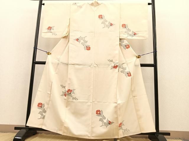 平和屋着物▽上質な紬 単衣 枝椿 正絹 逸品 BAAT1103hv