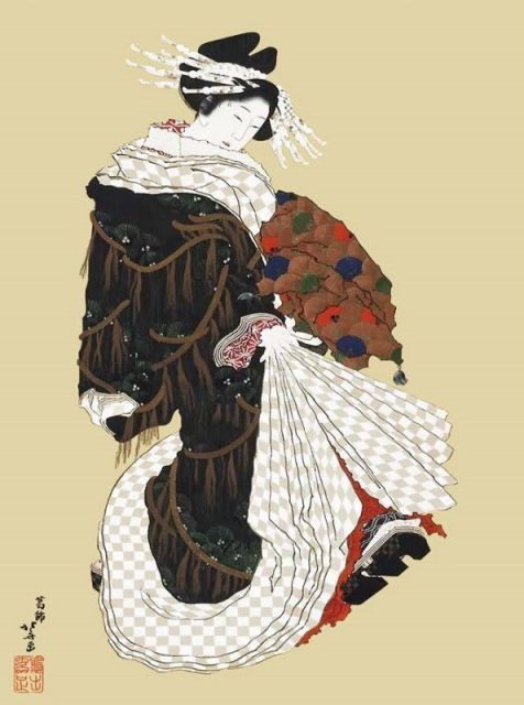 北斎 額絵シリーズ 種類3:f8 額絵 葛飾北斎 年始回りの遊女図 f8・f6・f4サイズ