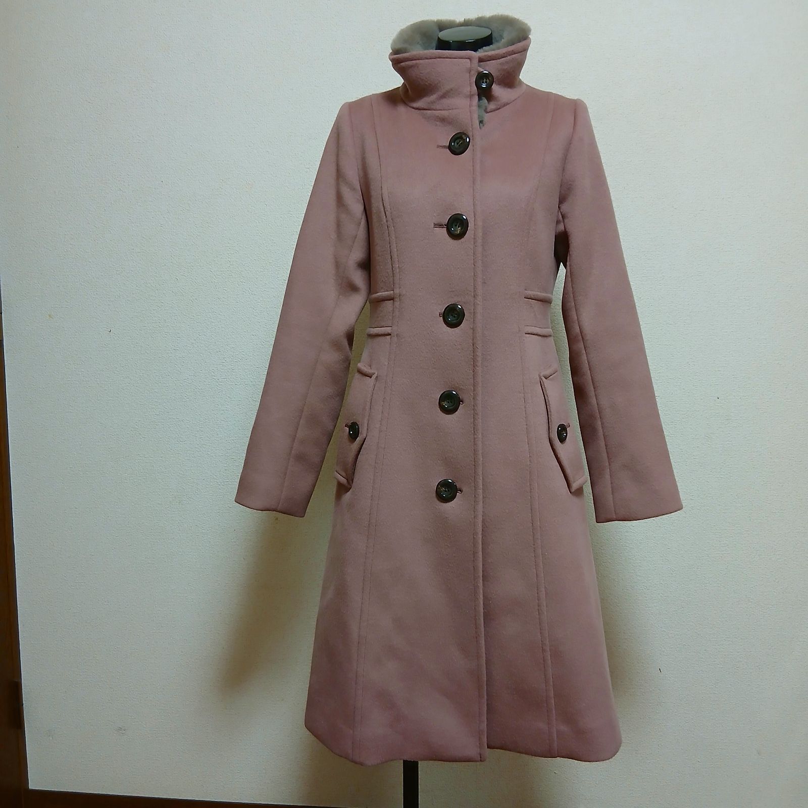 ブルーレーベル クレストブリッジ ピンク ロングコート ウール ファー付き36