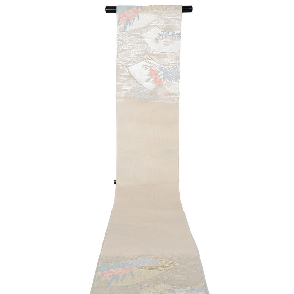 夏物 夏帯 袋帯 絽 ベージュ 金 銀 M2506262 絽 袋帯 正絹 ベージュ 金 銀 地紙文 菖蒲 桔梗 オミナエシ M