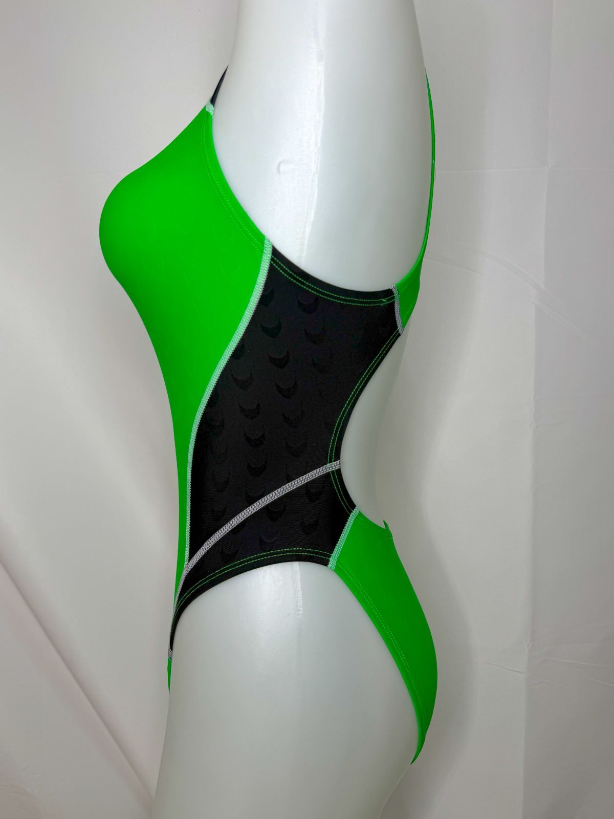 競泳水着 緑・黒 ストライプデザイン SWIMON] 競泳水着 レディース ガールズ ハイカット 緑黒 2色