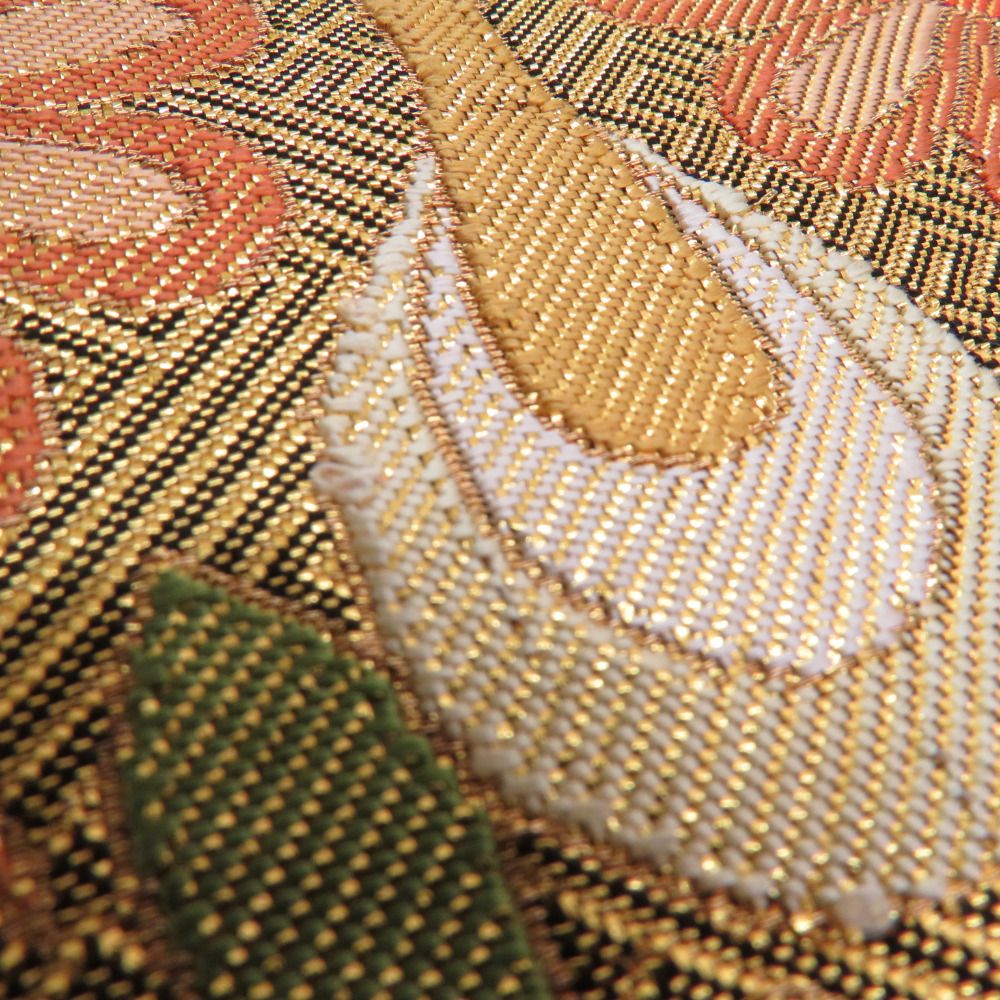 袋帯 振袖用 佐賀錦 花鳥紋様 紗綾形地 鶴に桐紋など ゴールドx