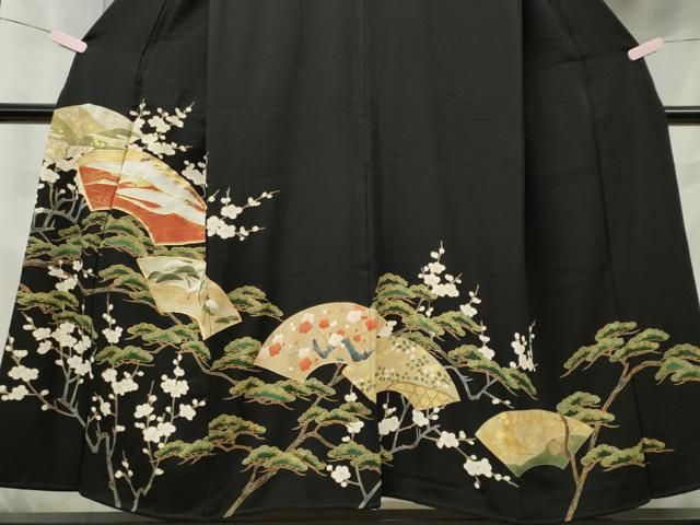 平和屋着物□豪華黒留袖 駒刺繍 地紙枝梅松文 金彩 正絹 逸品