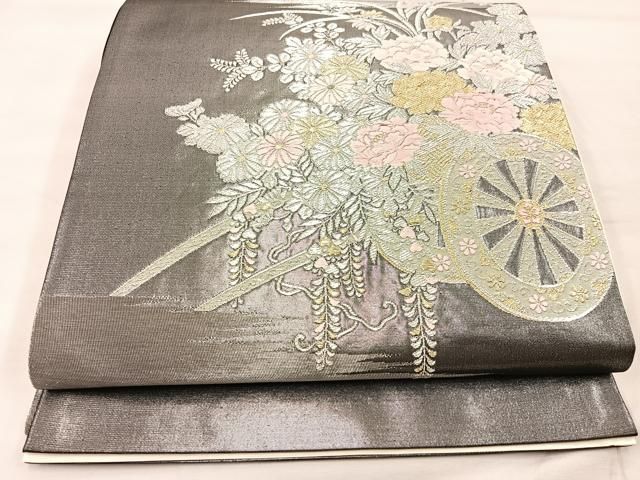 専用 正絹　六通袋帯　唐織　金糸銀糸　秋草花雪輪　流水立浪萩菊牡丹吉祥文様　美品 平和屋着物◎六通柄袋帯 唐織 美保姿 扇面花車文 銀糸 正絹 逸品
