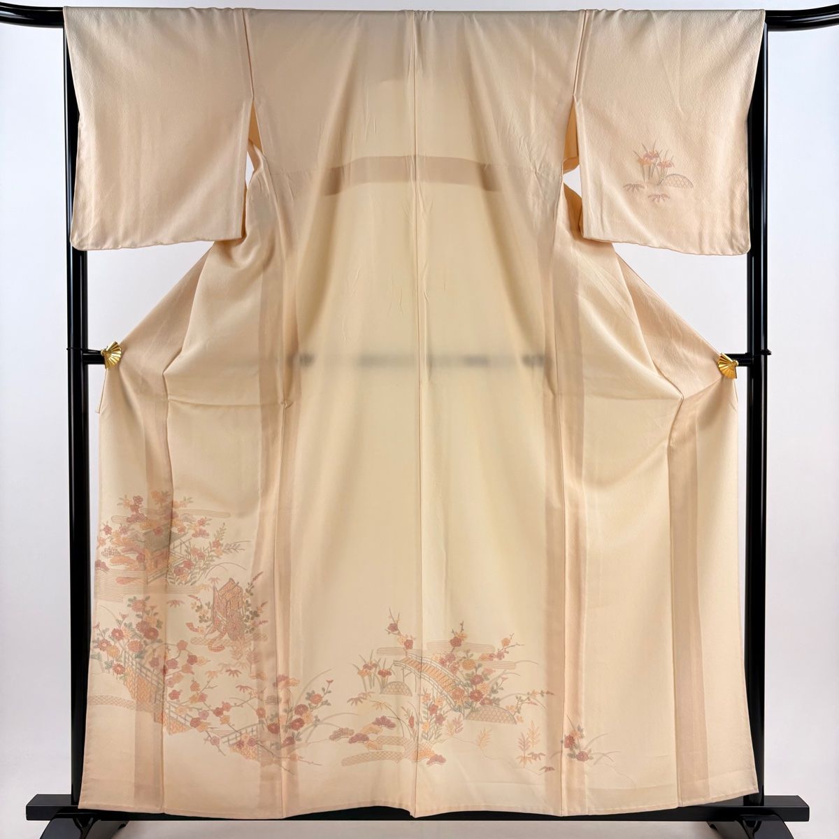 付下げ 身丈160.5cm 裄丈66cm M 単衣 御所車 松竹梅 刺繍 ベージュ 正絹 秀品