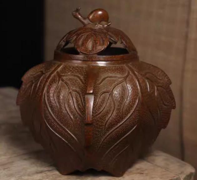 銅細工 紅皮蝸牛の葉香炉 香道具 装飾品 工芸品 美術品 置物