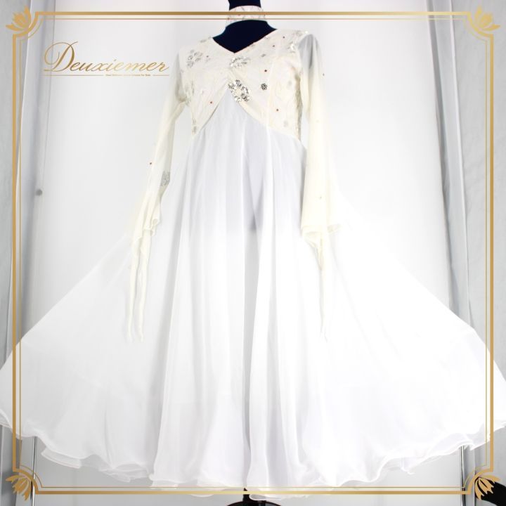 社交ダンス 衣装 ドレス ワンピース パーティ衣装 ステージ衣装 レディース オールシーズン Leirena レイリーナ ホワイト系 白 スパンコール 長袖 レース 花柄 チョーカー フォーマル 衣装 ドレッシー おしゃれ