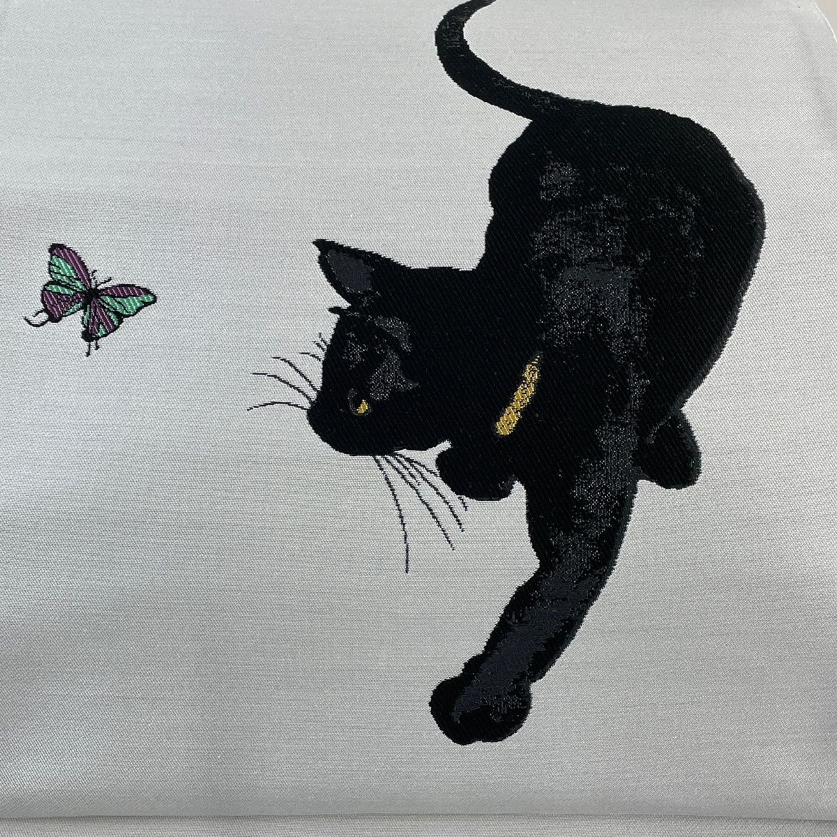 袋帯 逸品 黒猫 蝶 灰色 お太鼓柄 正絹 【中古】 - メルカリ