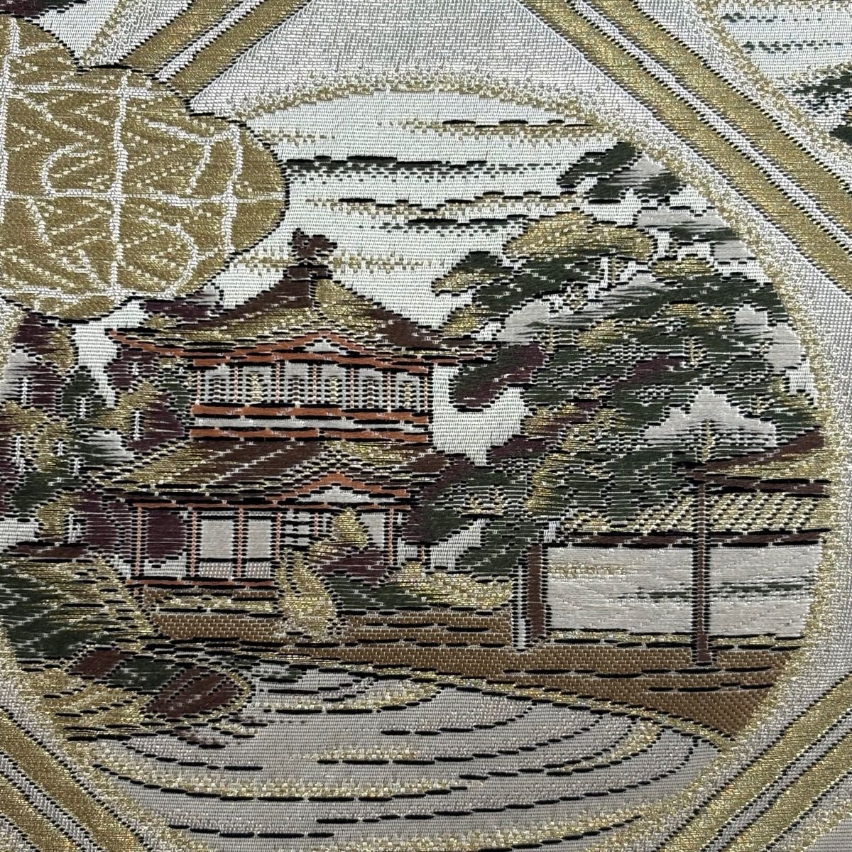 袋帯 美品 秀品 建物 雲文 金糸 箔 灰色 六通 正絹 【中古