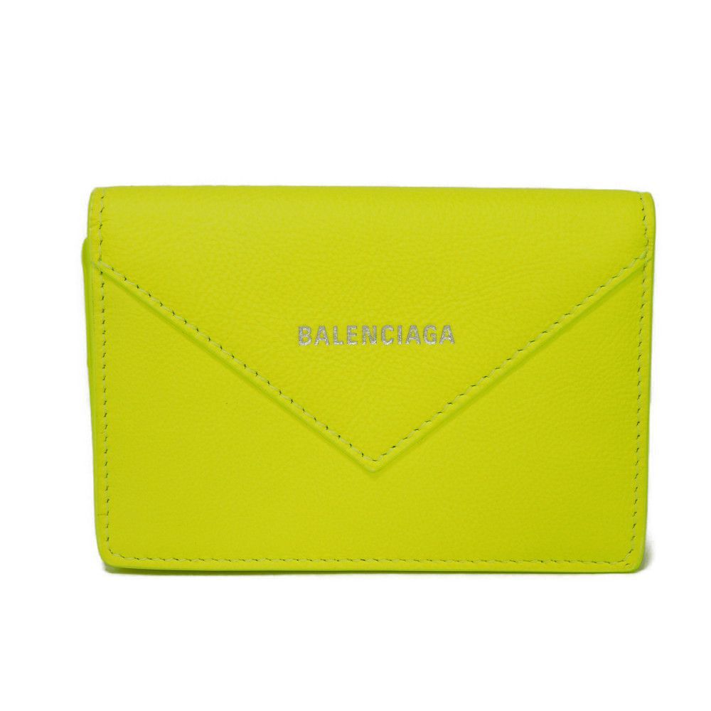 BALENCIAGA バレンシアガ ペーパー カードホルダー 箔押し エンボス ネオン 蛍光 スナップボタン パスケース 名刺入れ 新ロゴ フルオイエロー カードケース 499201 DLRBN 7210