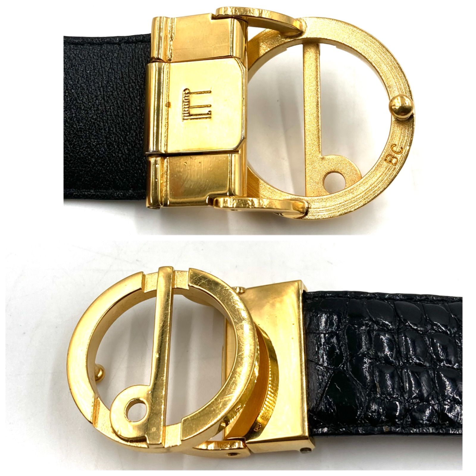 □美品□dunhill ダンヒル レザーベルト クロコ ロゴバックル ブラック