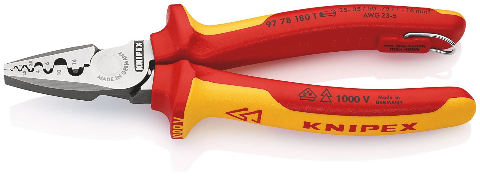 クニペックス KNIPEX ペンチ 9778-180TBK 絶縁圧着ペンチ 落下防止 BK 9778-180TBK