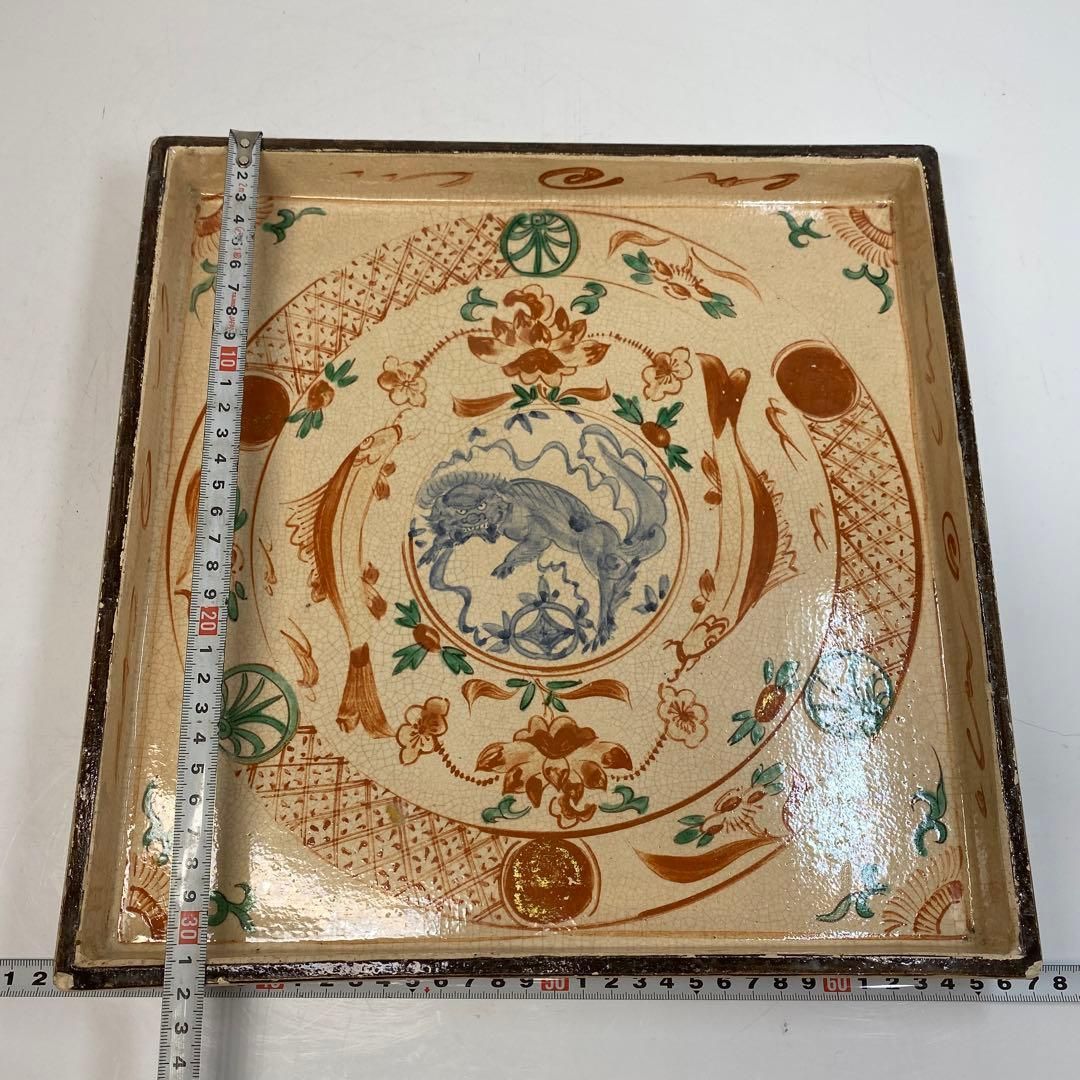 時代　楽焼　赤松　獅子図　四方皿　時代木箱付　タエコ　東さ6-0418① 時代 楽焼 赤松 獅子図 四方皿 時代木箱付 タエコ 東さ6-0418①