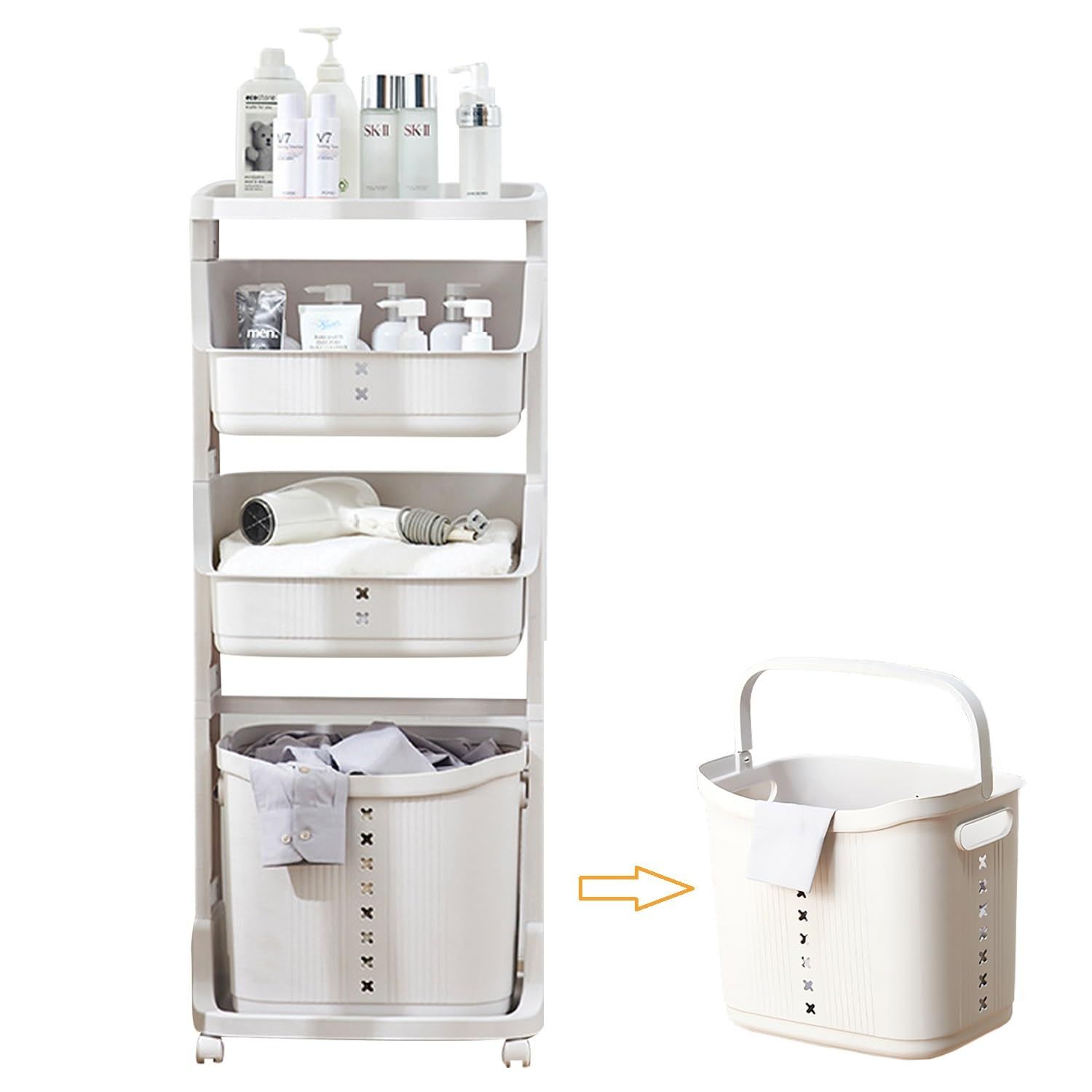 迅速発送 seacall ランドリーバスケット 4段 ランドリーワゴン 大容量 収納ラック ランドリー収納 洗濯かご 脱衣所 収納 キャスター付き取り外し なバスルーム キッチン ランドリールーム 果物と野菜のおもちゃの収納 キッチン収納に 四階