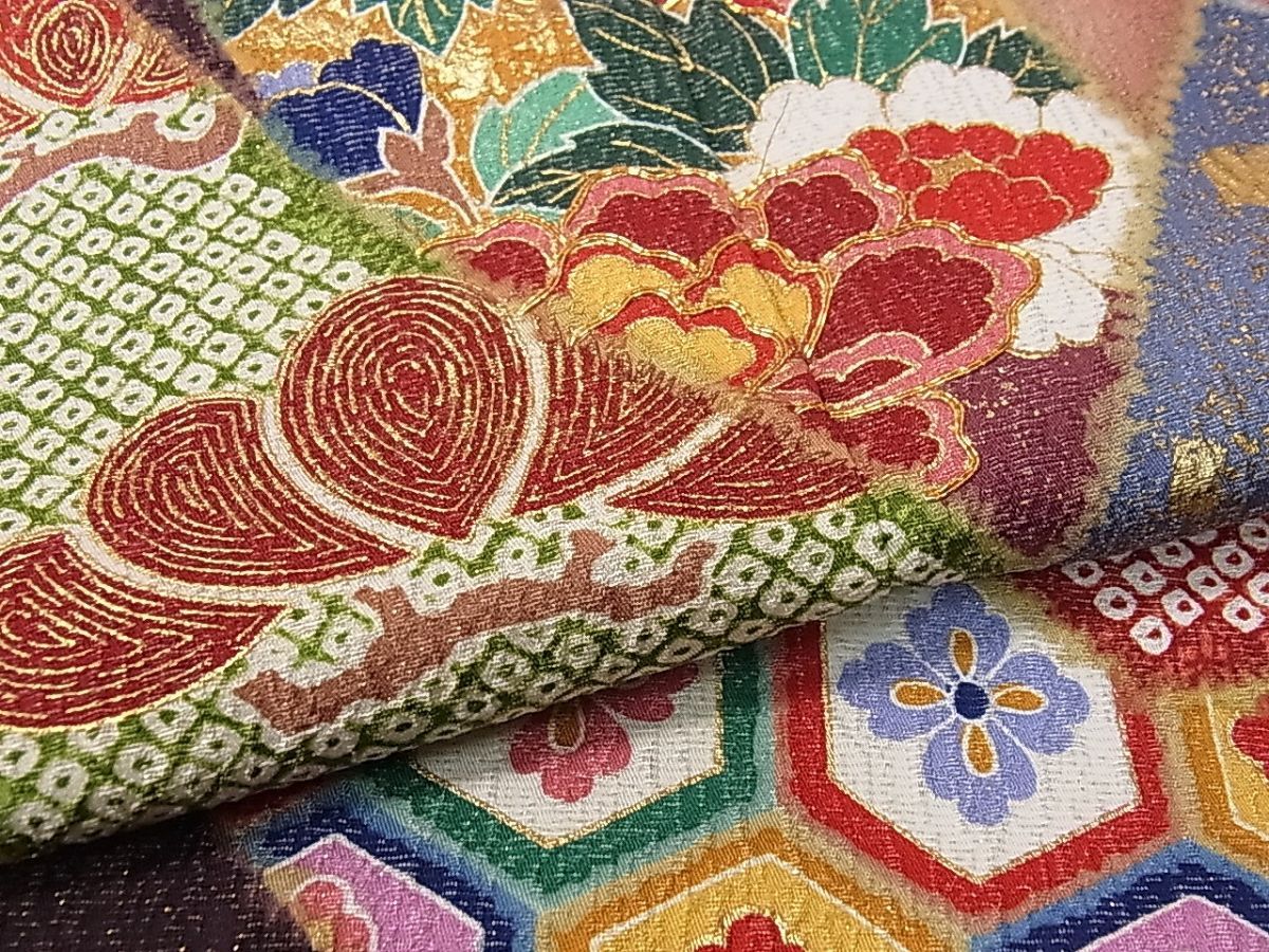 平和屋1■極上　振袖　駒刺繍　熨斗吉祥花毬文　暈し染め　金彩　逸品3s20349