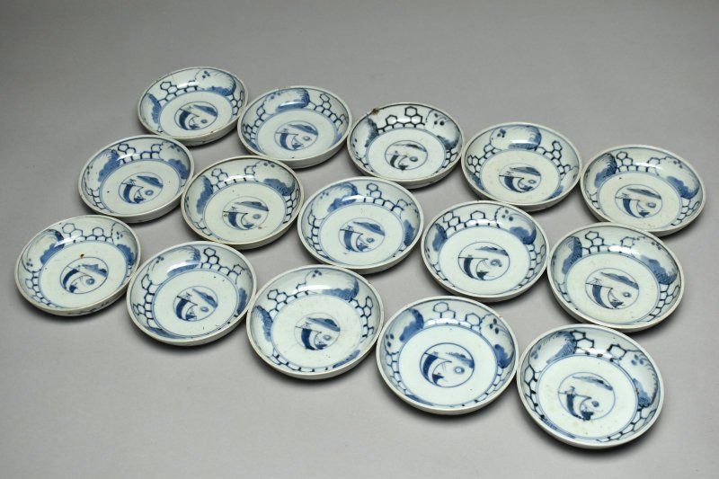 蔵A4870 古伊万里 染付 帆船図 くらわんか皿 十五客 幅約14㎝