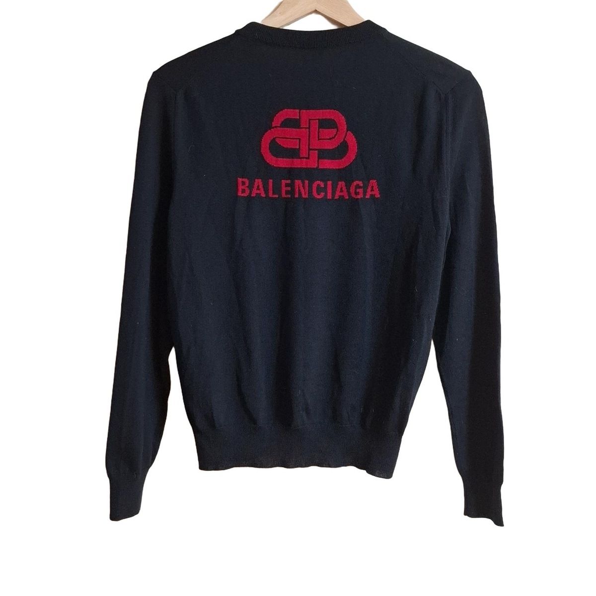 BALENCIAGA - BALENCIAGA(バレンシアガ) 長袖セーター サイズXS レディース - 583093 T1439 黒×レッド クルーネック/2019年/薄手 BALENCIAGA(バレンシアガ) 長袖セーター サイズXS レディース
