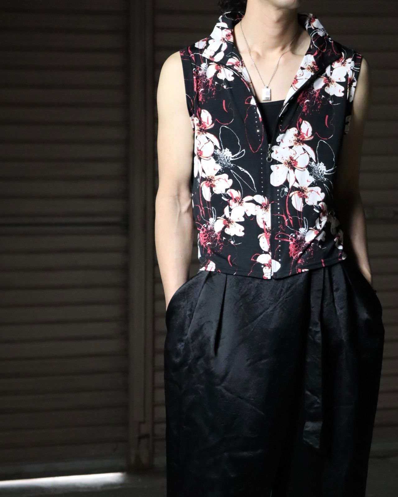 flower art zip-up sleeveless top stand collar 90s 00s Y2K フラワー 