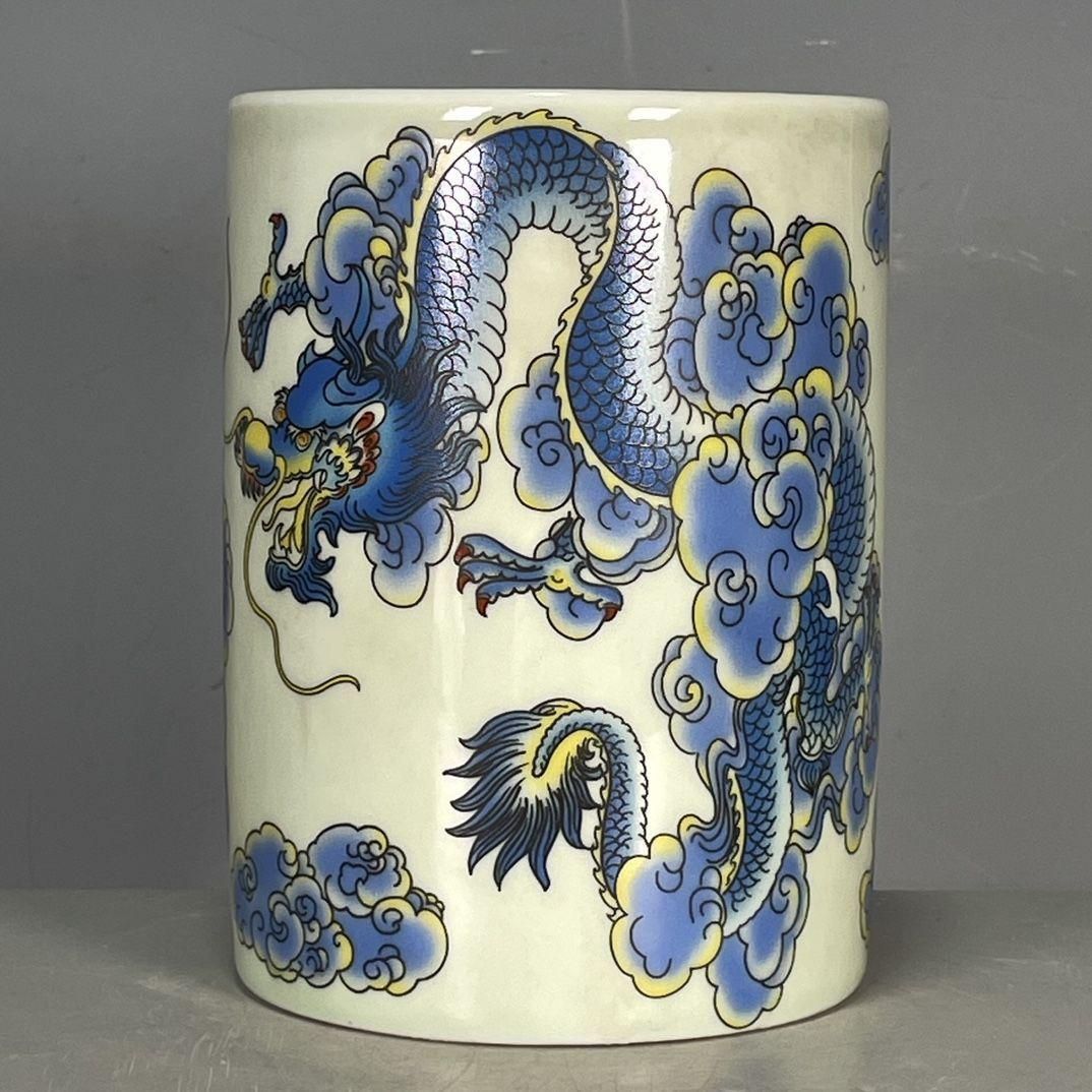青花竜文筆筒 景徳鎮 陶磁器 装飾品 現代工芸品 美術品 置物