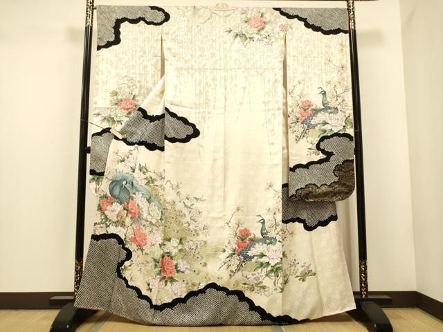 平和屋着物▽豪華振袖 絞り 刺繍 孔雀草花文 金彩 正絹 逸品