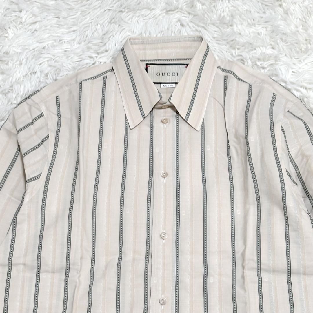 美品】GUCCI グッチ ストライプ ドレスシャツ 15 ベージュ 【公式通販】