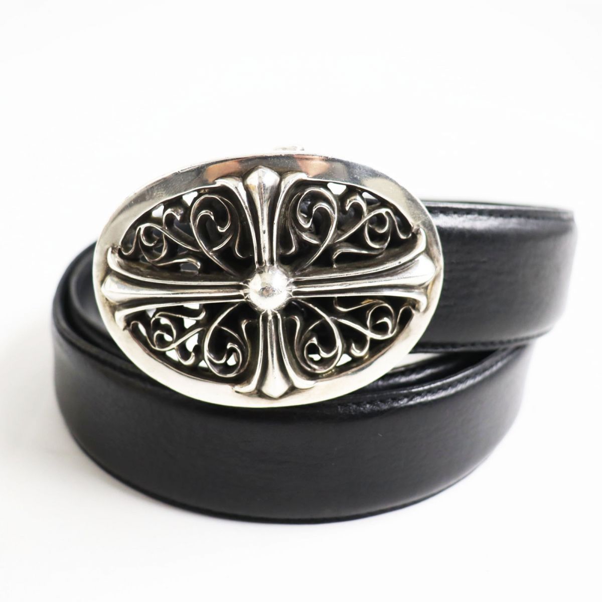 良品●CHROME HEARTS クロムハーツ レザー クラシックオーバルクロス  スターリングシルバー ベルト ブラック×シルバー 36 メンズ q11-st30303-668 良品○CHROME HEARTS クロムハーツ レザー クラシックオーバルクロス