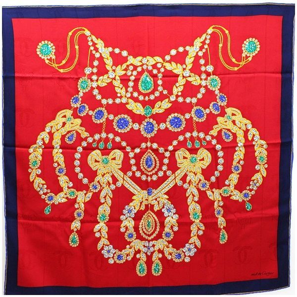 カルティエ Cartier マスト 宝石柄 総柄 スカーフ シルク レッド ブルー レディース 中古カルティエ Cartier must de cartier マストライン スカーフ 絹