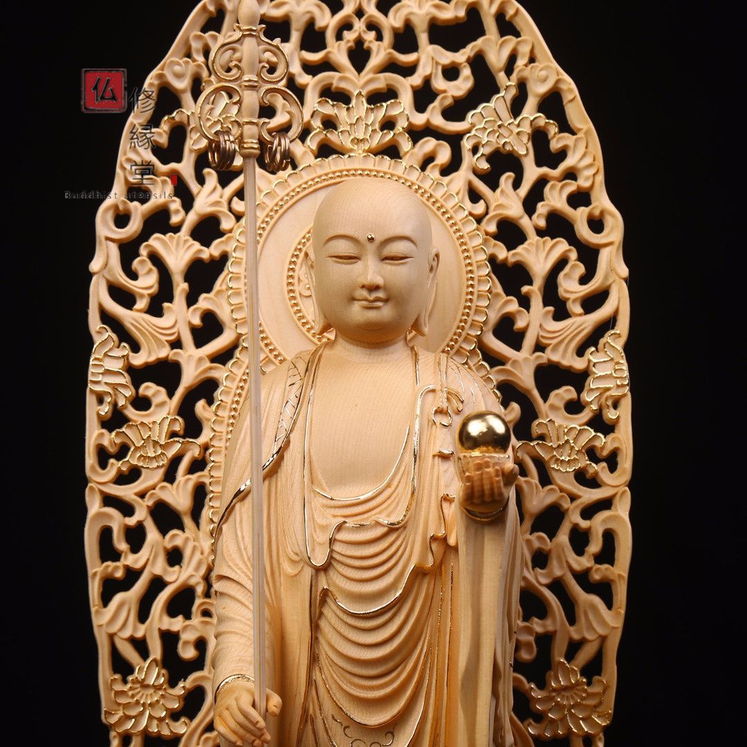 修縁堂】大型高53cm 木彫仏像 地蔵王菩薩立像 本金 切金 彫刻 天然木檜 