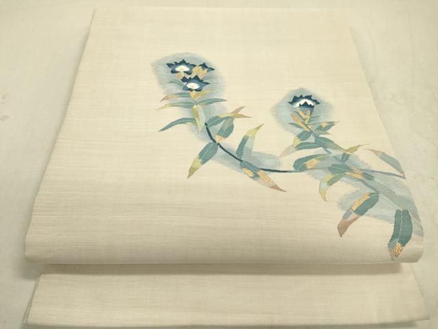 最終お値下げ!　正絹　塩瀬　名古屋帯　開き　作家物　桔梗　すすき 名古屋帯 塩瀬 作家物 まさかね 美しい花柄 染め 九寸 正絹 AO