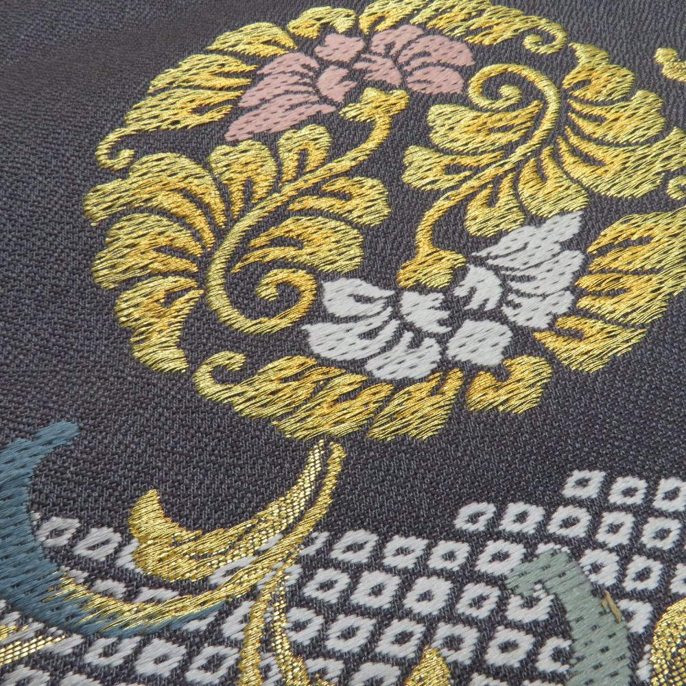 袋帯 鹿の子に花鳥丸文 紫色 金糸 正絹 礼装 フォーマル 着物帯 長さ436cm 袋帯 鹿の子に花鳥丸文 紫色 金糸 正絹 礼装 フォーマル 着物帯 長さ436cm