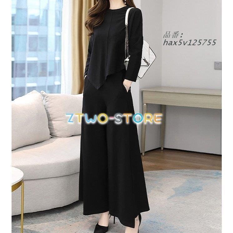 上下セット レディース ツーピース 長袖 アシンメト裾変形 ラウンドネック スーツ ワイドレッグパンツ クロップド丈 ポケット付き 伸縮性ウエスト hax5v125755
