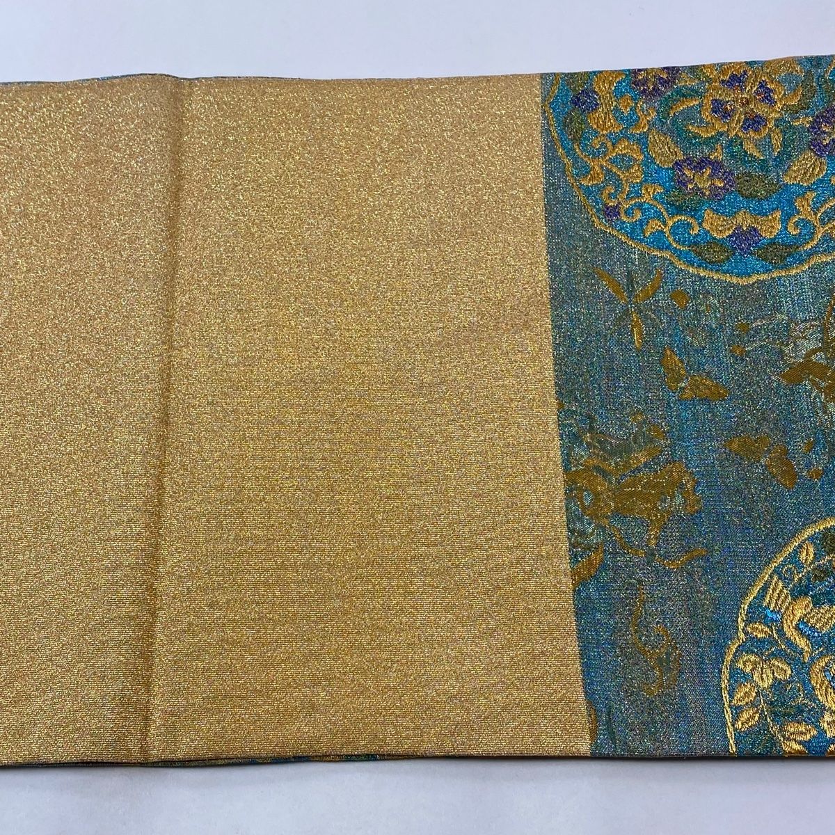正倉院　袋帯　銀鼠色×金糸 袋帯 美品 秀品 若松 桜 金糸 箔 銀色 六通 正絹 【中古
