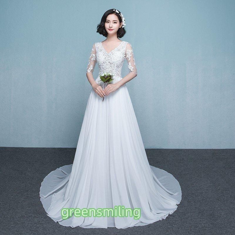 ウエディングドレス aライン 白 袖あり ウェディングドレス 花嫁 結婚式 ブライダル パーティードレス 二次会 ブライダル 登場 ZZ520