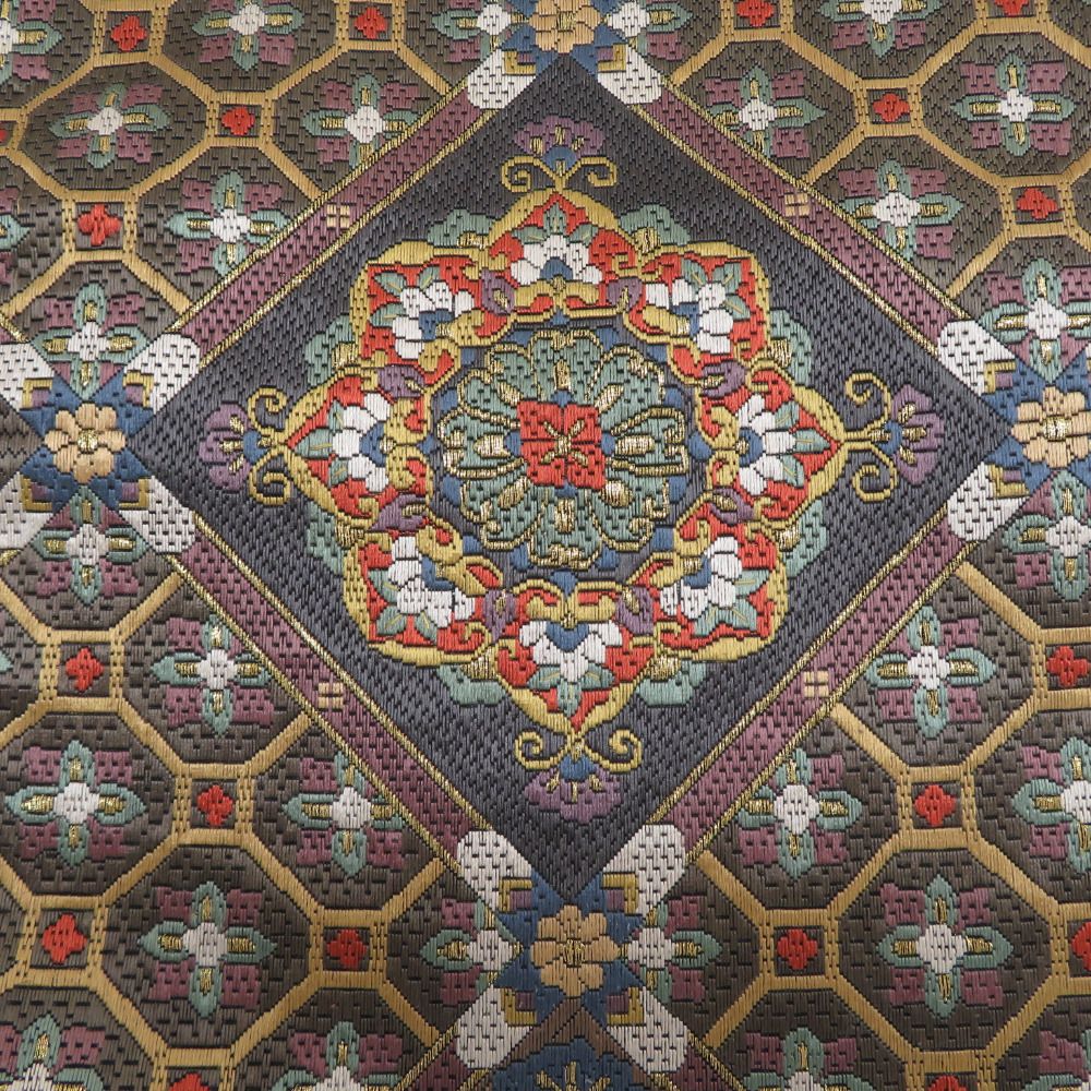 袋帯 正絹 総絽刺し 刺繍 全通柄 菱型に華文 金糸 茶色ｘ金色ｘ緑色ｘ多色 フォーマル 礼装 長さ440cm NEXPOTALLINN_EU