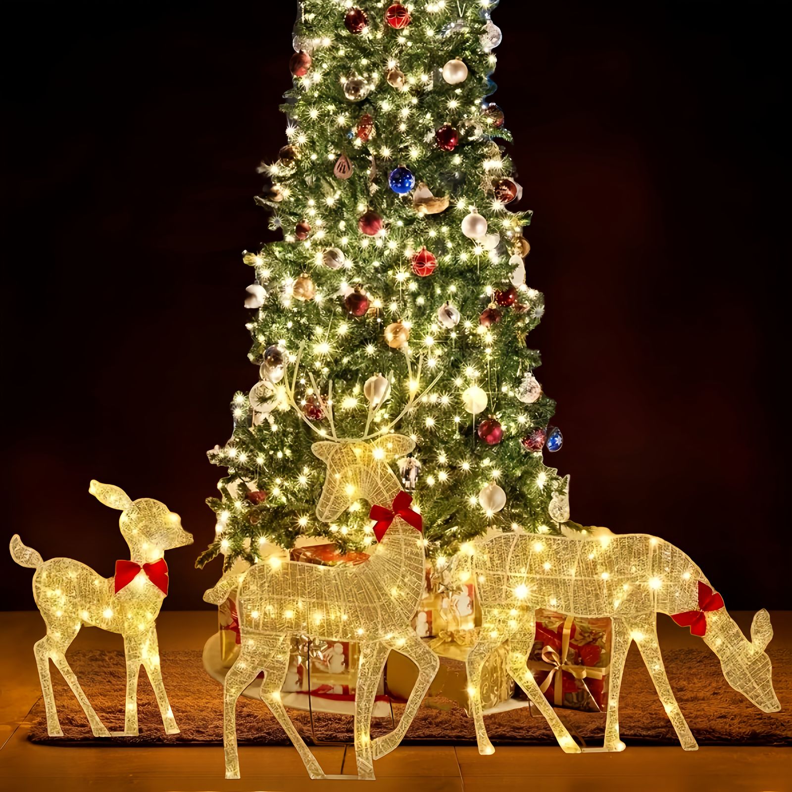 クリスマス癒やしデコレーション リボン付き 光るトナカイ 3頭セット 庭 屋内 屋外兼用 ホリデーギフトに最適 立体装飾 乾電池式LEDライト