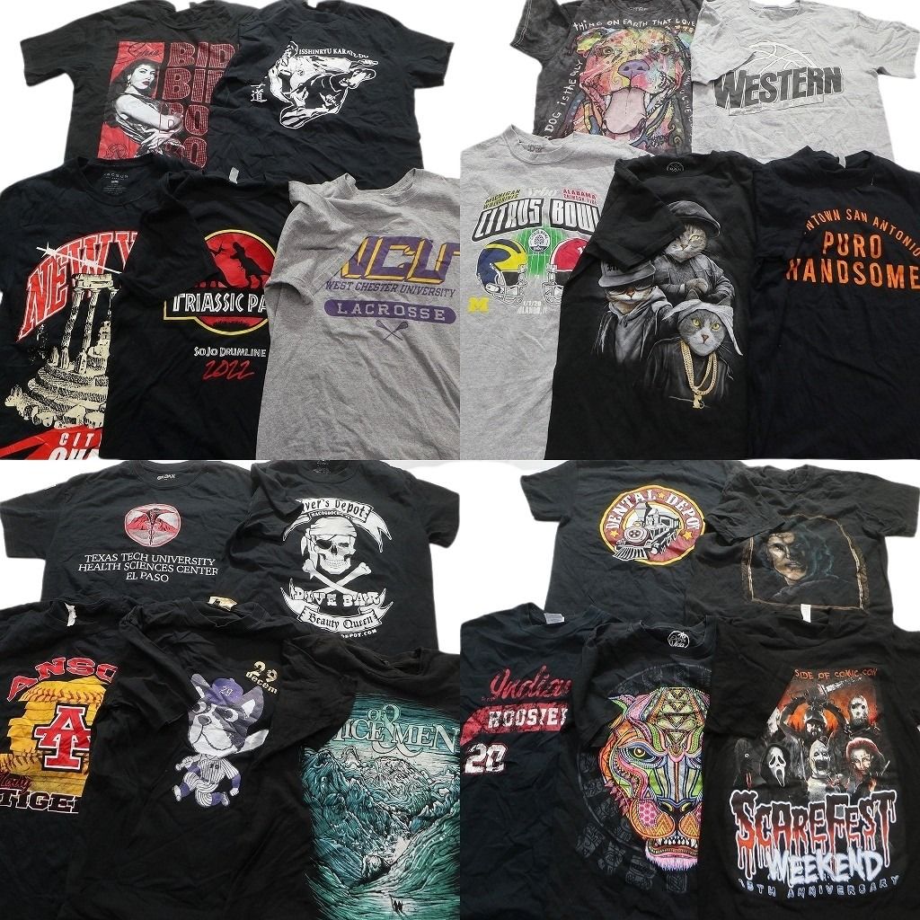 古着卸 黒 グレー ボディ プリント 半袖Tシャツ 20枚セット メンズ S 大判プリント アニマル チームロゴ 古着 NA1951