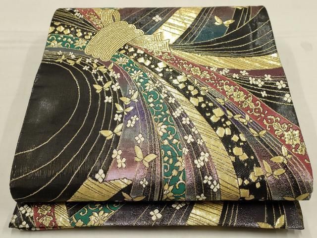 平和屋着物▽振袖用六通柄袋帯 束ね熨斗花蝶文 金糸 正絹 逸品