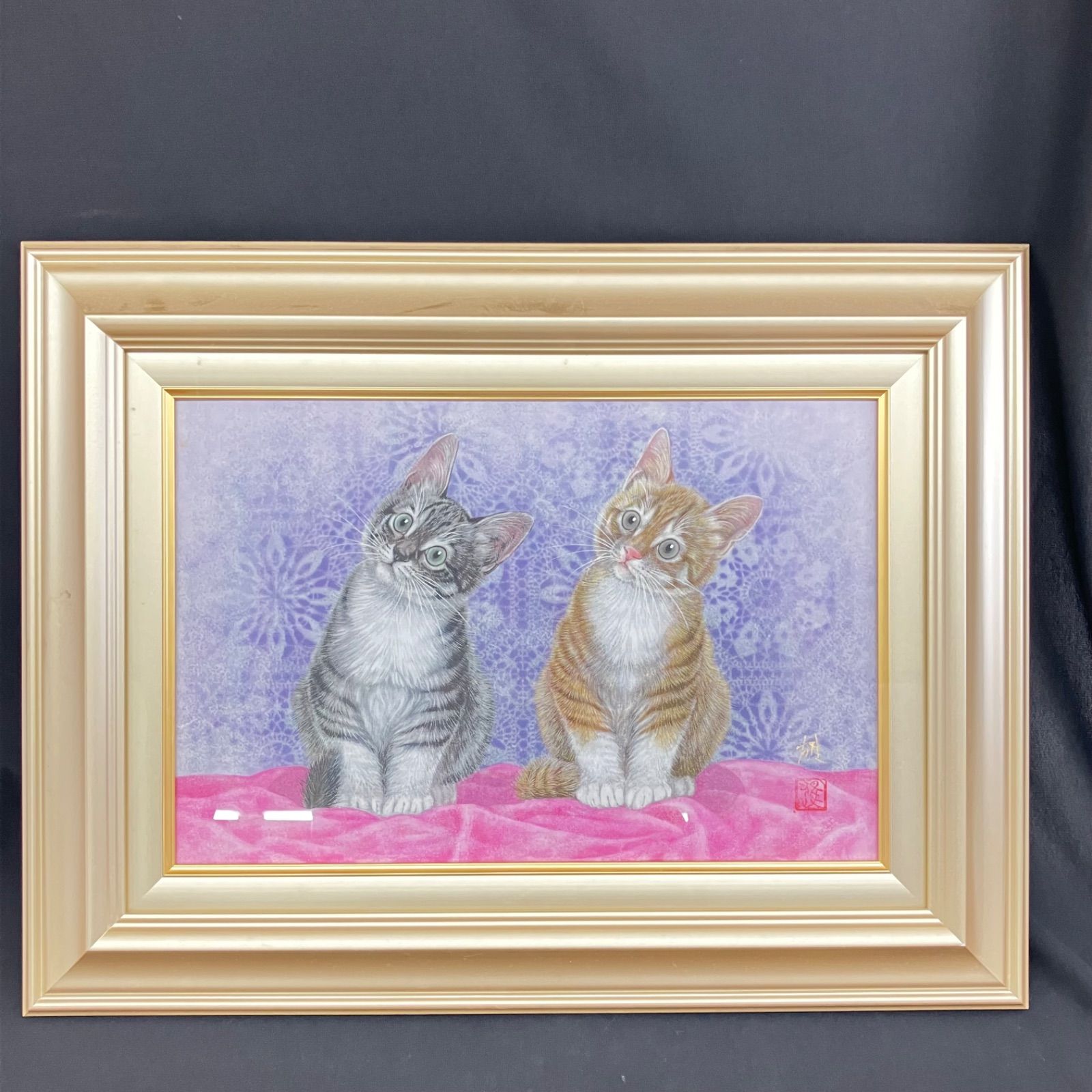広森 雄「 愛猫 」 ミクストメディアアート P6 ( 6号 ) 額縁付き