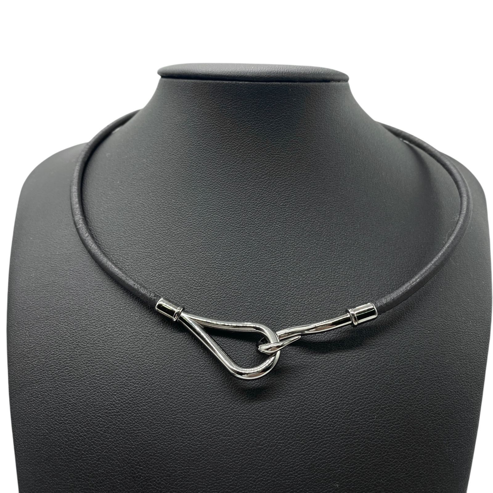 HERMES エルメス ジャンボ レザーチョーカー ネックレス 2連ブレスレット ブラック シルバー金具 ジュエリー