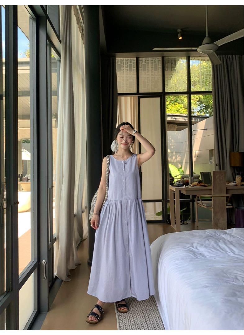 ノースリーブチェック柄ロングワンピース 夏秋デートに最適ゆったり可愛い