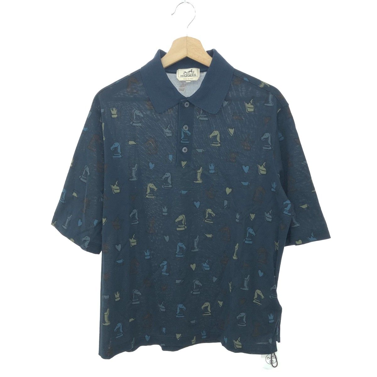 HERMES エルメス 半袖ポロシャツ サイズ S プレイグラウンド 鹿の子 チェス柄 総柄 コットン100％ ネイビー メンズ 241007002416