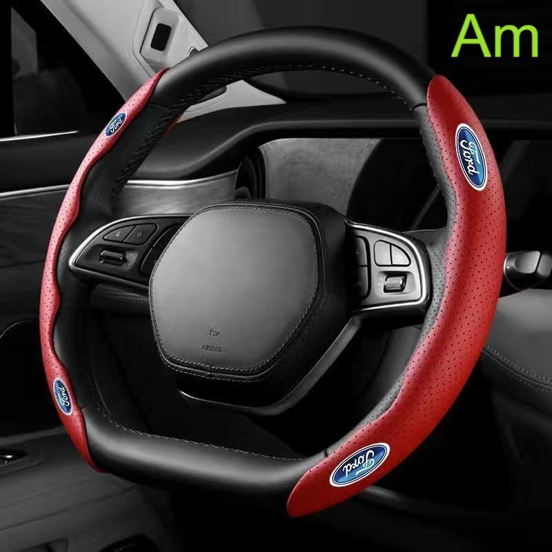 フォード FORDレッドハンドルカバー ハンドル保護 専車ロゴ ステアリングカバー レザー 滑り止め D型 O型 分割 タイプ 2本セット aacn qtm