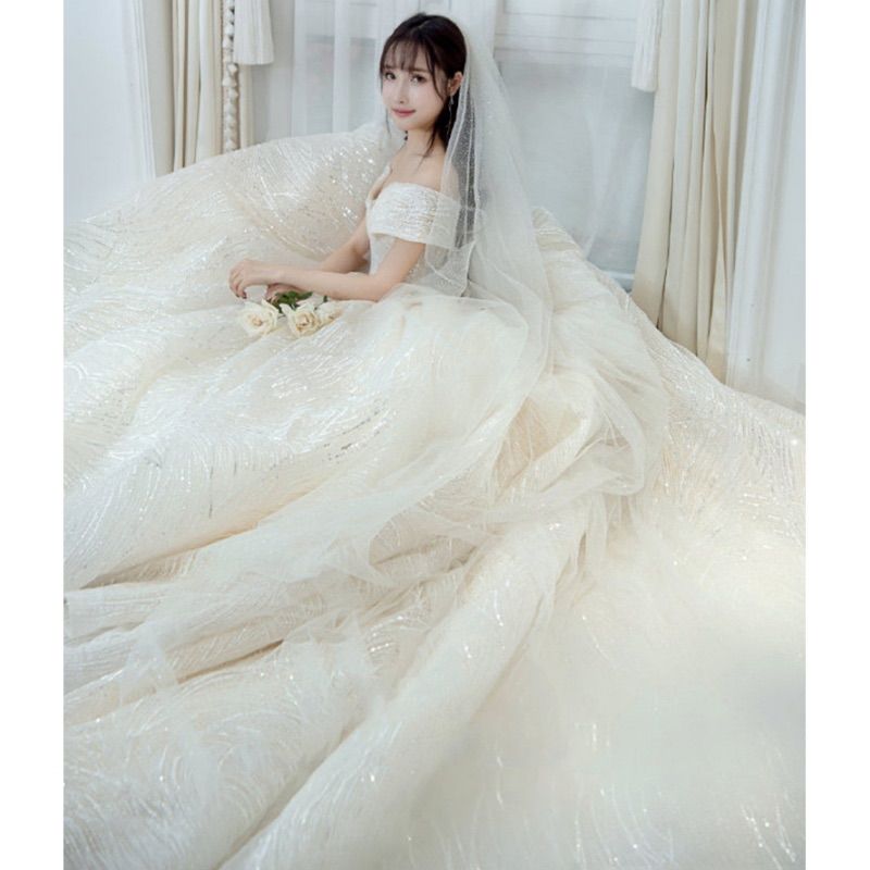 即日発送 ロングトレーン ウェディングドレス M オフショルダー 豪華刺繍 ビジュー チュールドレス 結婚式 披露宴 前撮り ロケーション撮影 花嫁ドレス プリンセスライン 大人可愛い 感 pipsセレクト