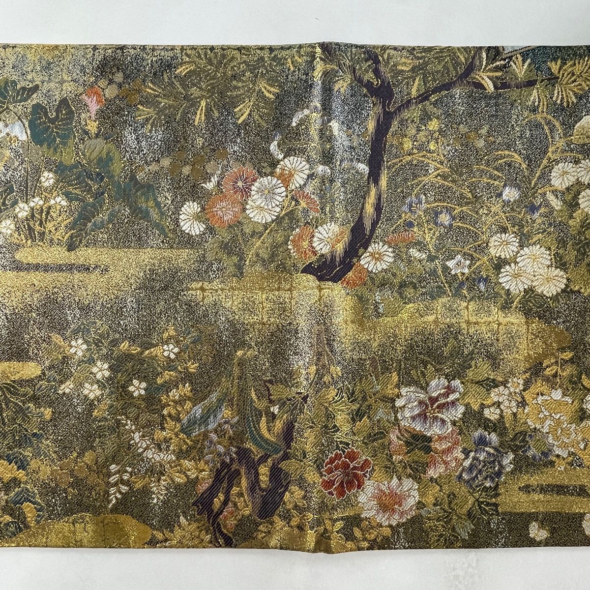 在庫一掃】 袋帯 美品 逸品 リバーシブル 草花 百人一首 金糸 箔 金色  