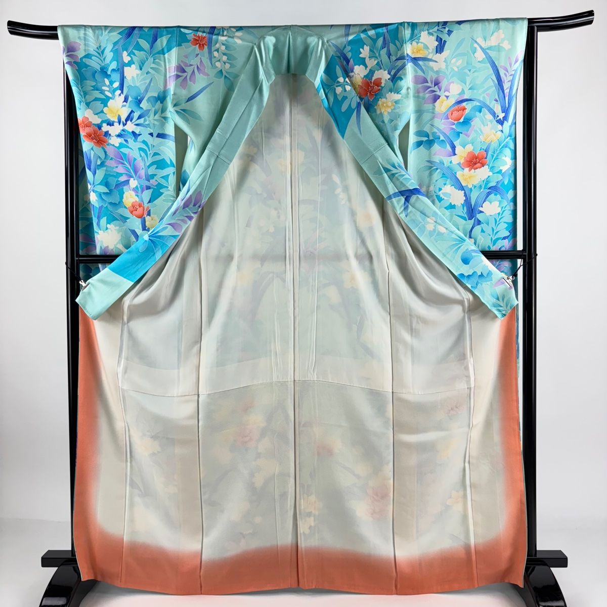 振袖 身丈168cm 裄丈65cm M 袷 草花 金糸 水色 正絹 優品 【中古